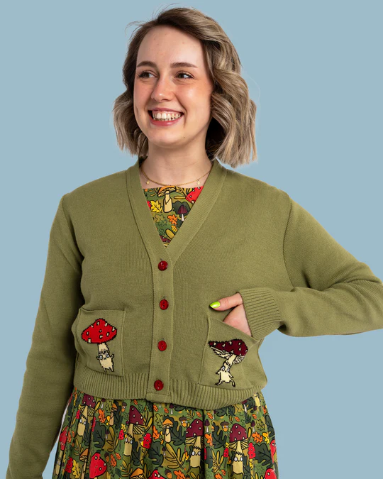 Green Mushroom Cardigan by Run and Fly X Katie Abey