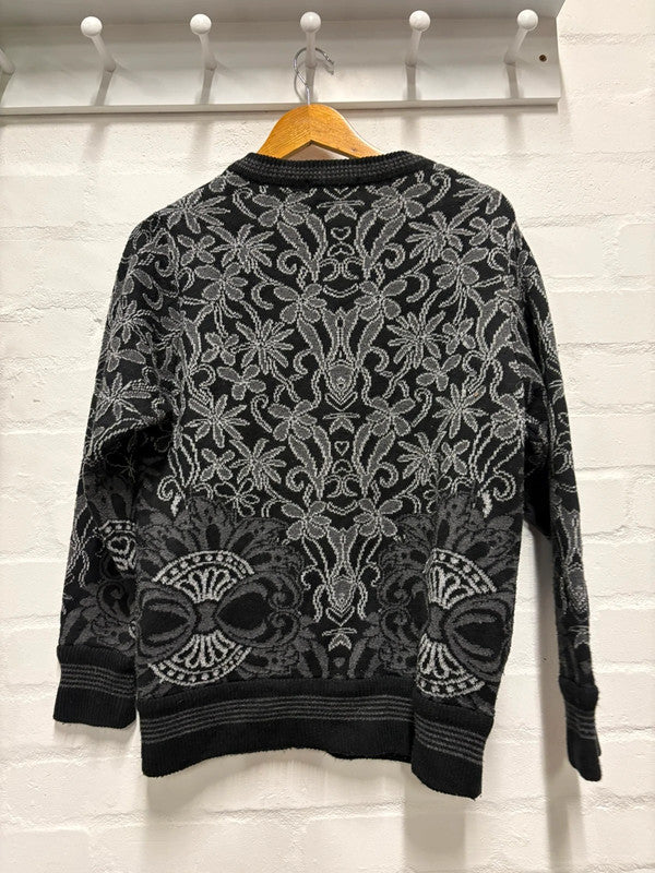 Vintage 80’s Cardigan S/M Black Grey Pattern Retro Alt Goth Cosy