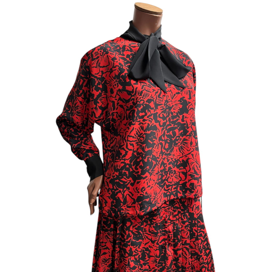 Vintage 80's JEAN BAILLY Blouse Skirt Set 14 Suit Co Ord Red Black 2 Piece