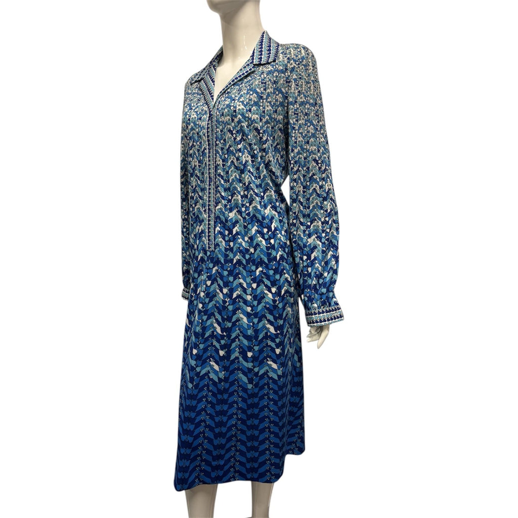 Vintage 60's 70's Dress 14 Blue Patterned Shirt Midi Mod True Retro Geometric