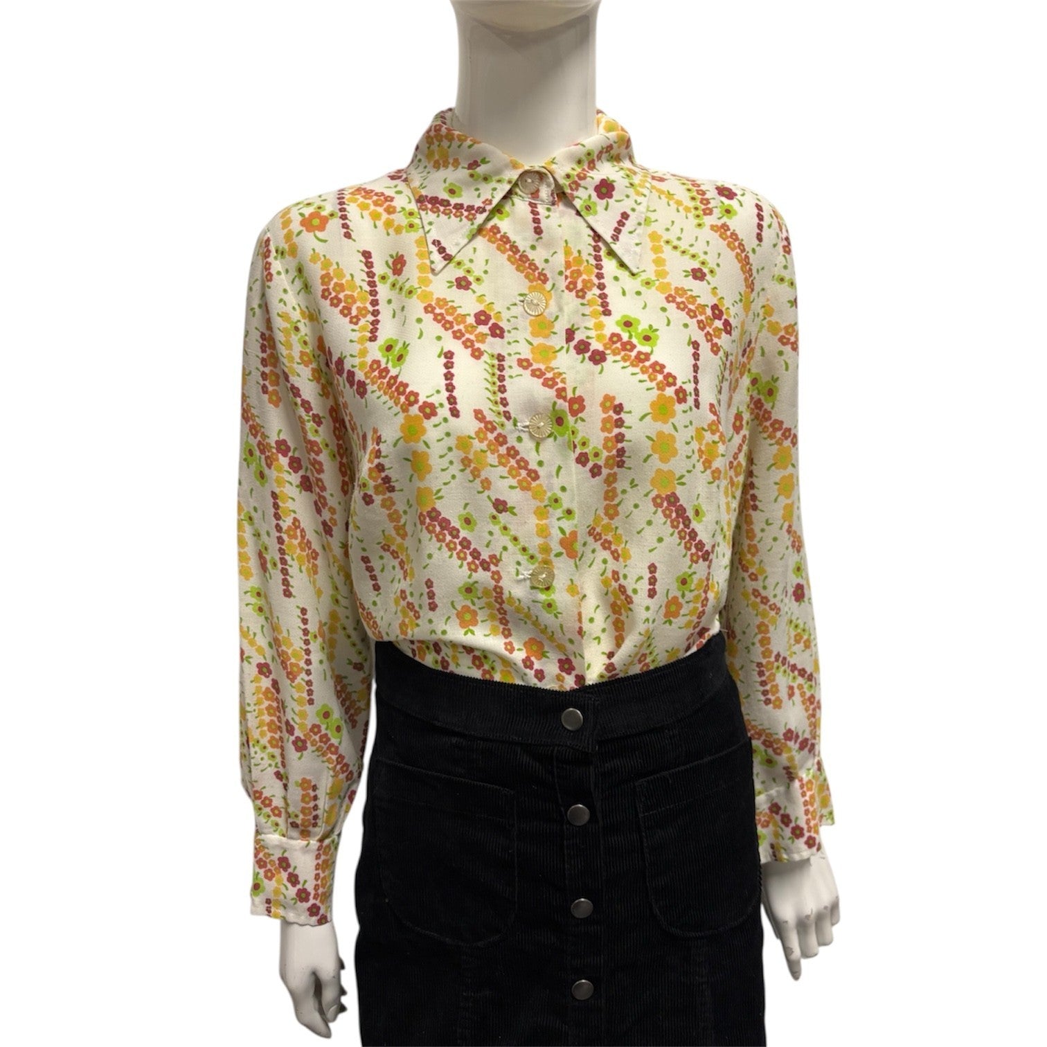 Vintage 70's Print Blouse Shirt Sharp Pointy Collar 12 14 Floral Mod True Cream