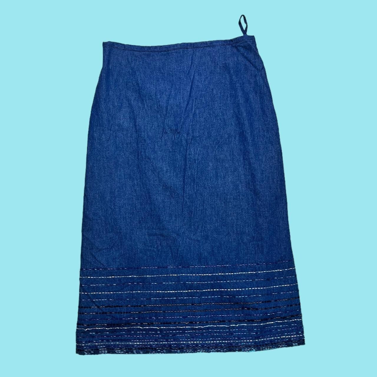 Vintage Y2K French Connection Denim Midi Skirt 10 Beaded Trim Mid Blue FCUK