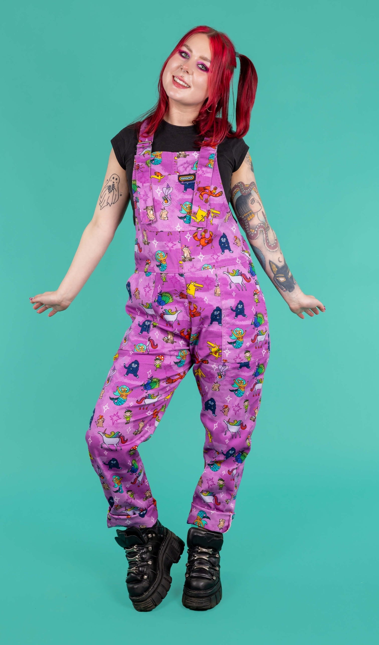 Run and Fly X Katie Abey Happiness Enchanters Print Stretch Twill Cotton Dungarees