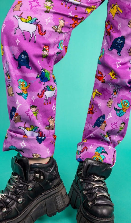 Run and Fly X Katie Abey Happiness Enchanters Print Stretch Twill Cotton Dungarees
