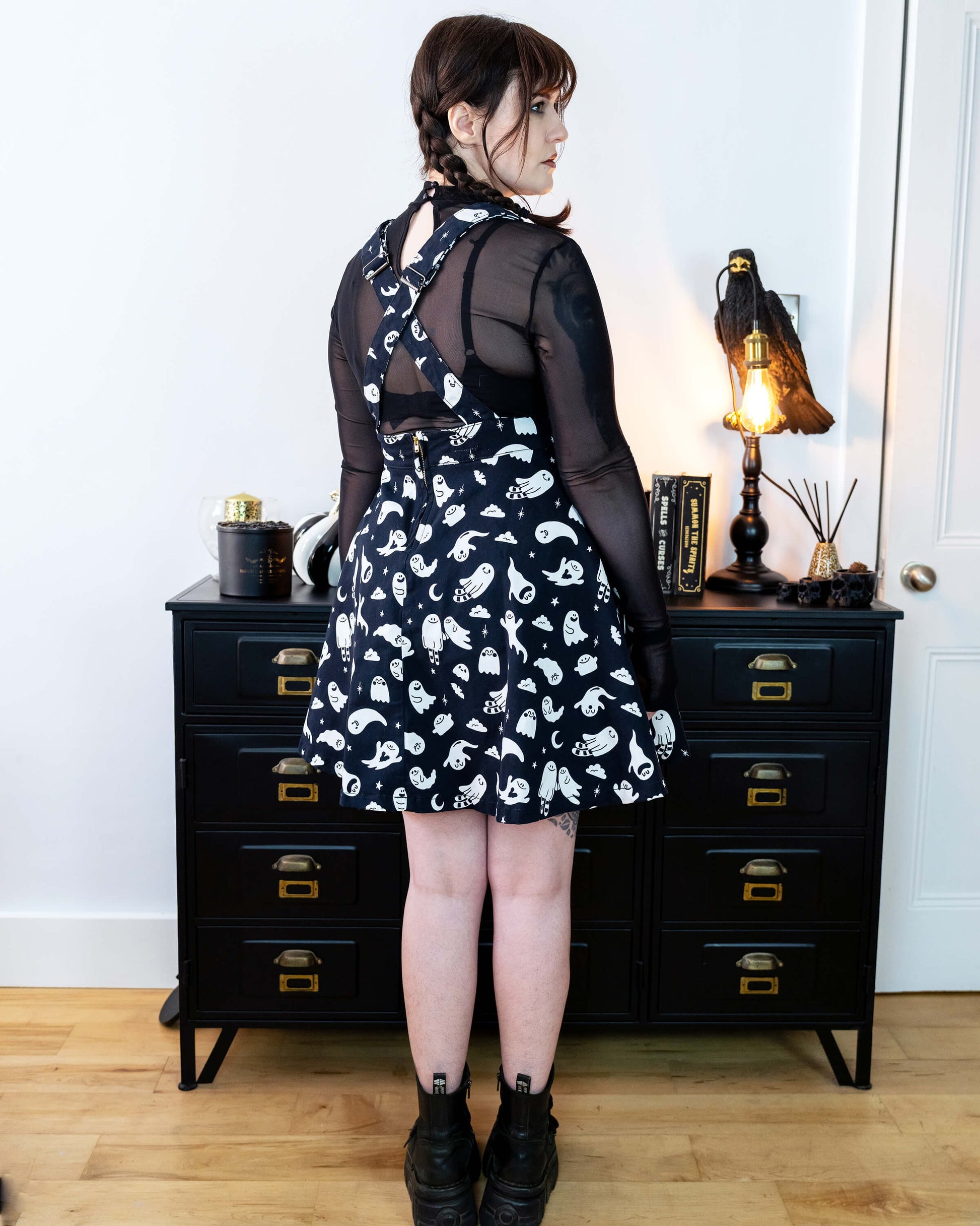 Ghosties Print Pinafore Dress with Pockets by Rebel Romance