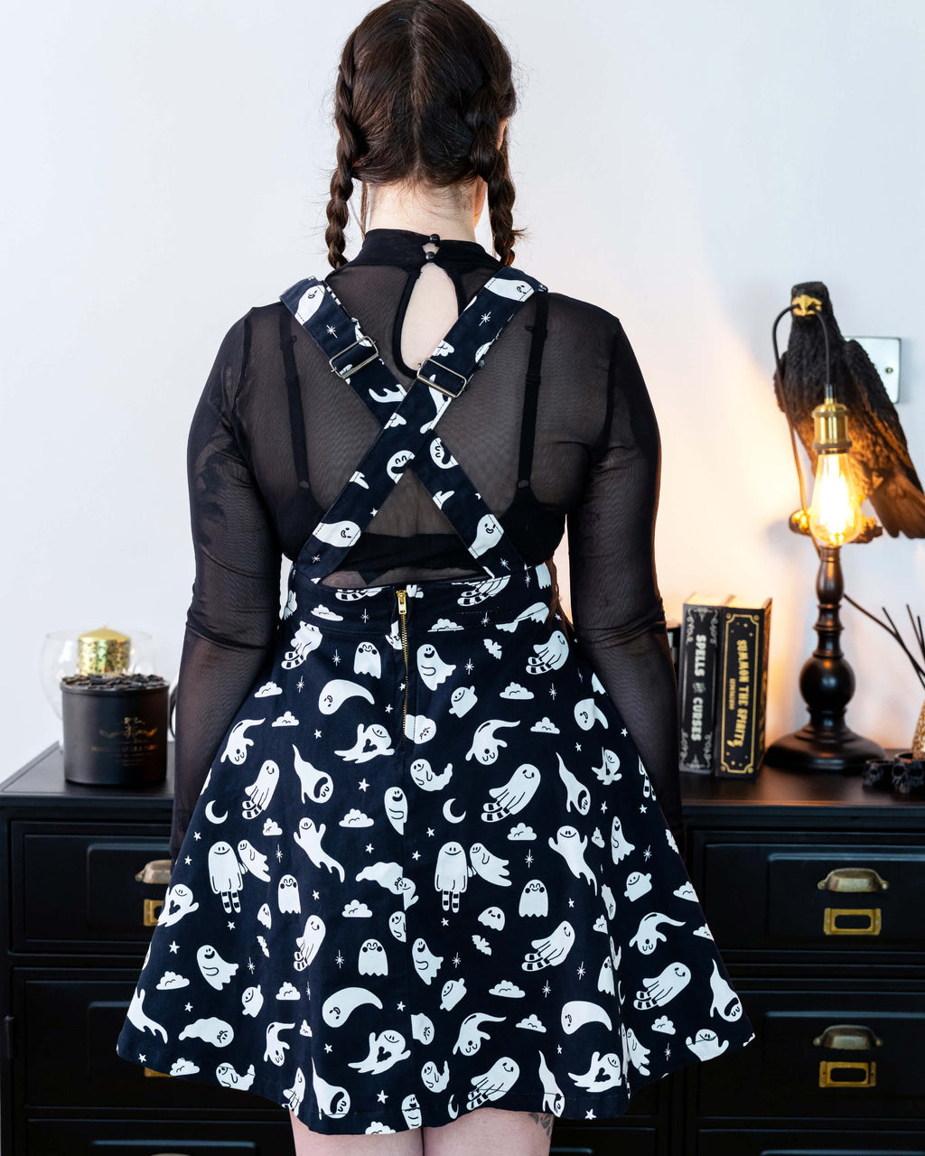 Ghosties Print Pinafore Dress with Pockets by Rebel Romance