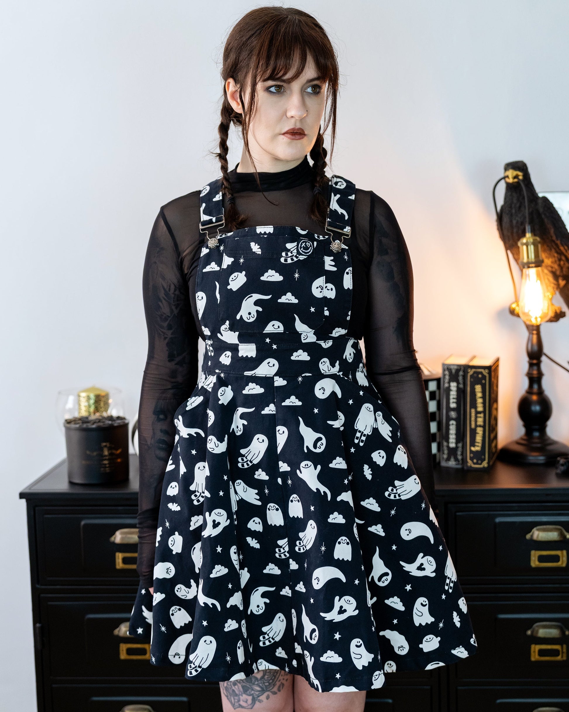 Ghosties Print Pinafore Dress with Pockets by Rebel Romance