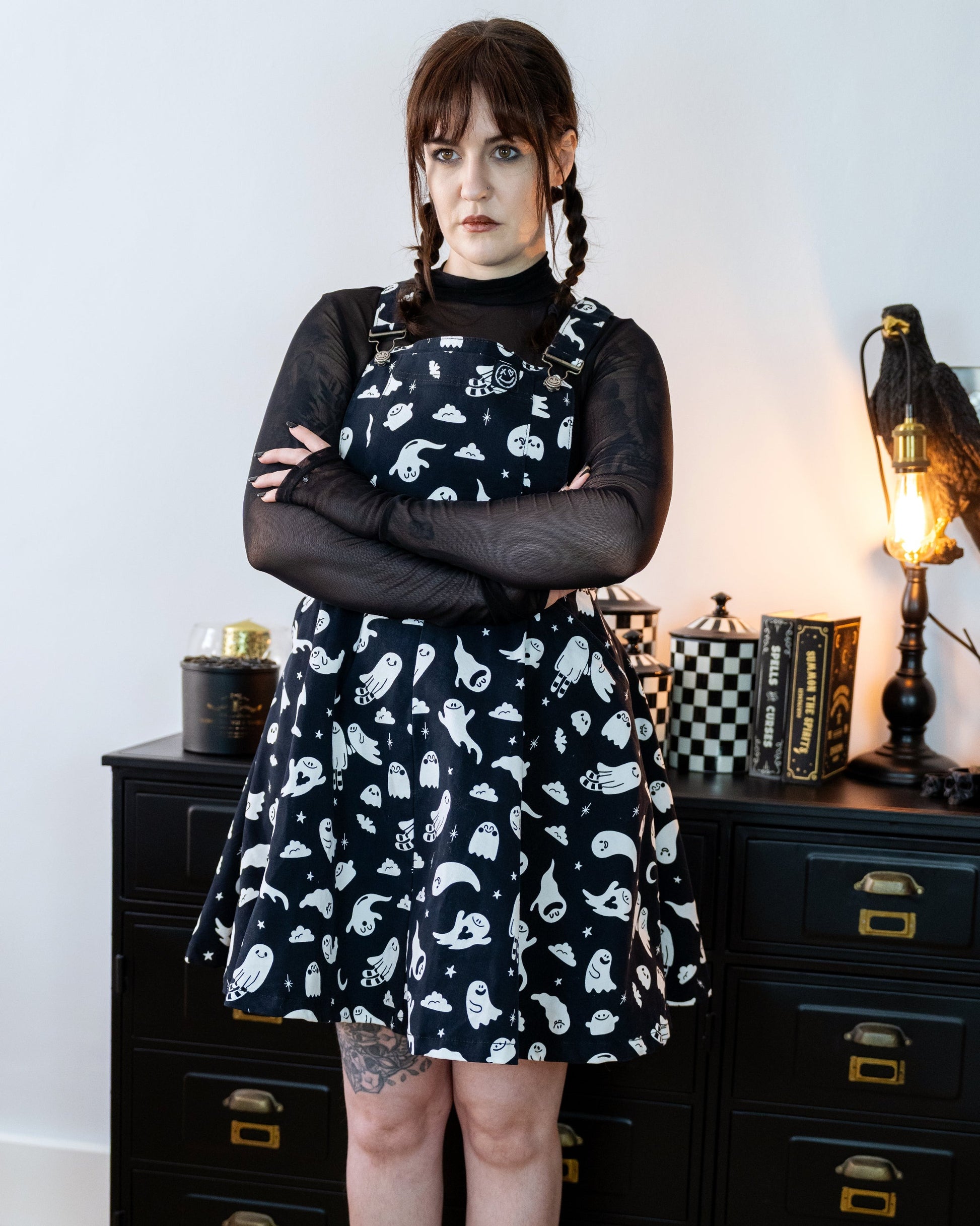 Ghosties Print Pinafore Dress with Pockets by Rebel Romance