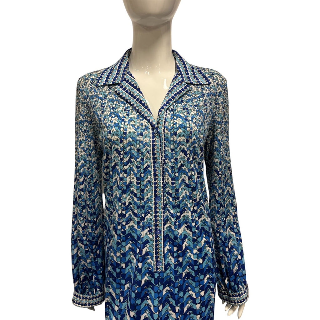 Vintage 60's 70's Dress 14 Blue Patterned Shirt Midi Mod True Retro Geometric
