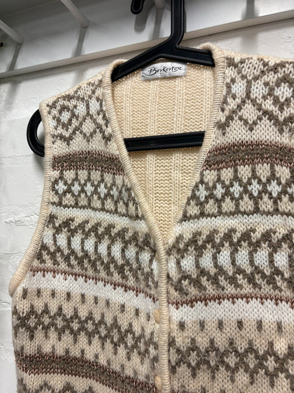 Knitted Vest Waistcoat Cottagecore 16 18 20 L/XL Beige Brown Fairisle