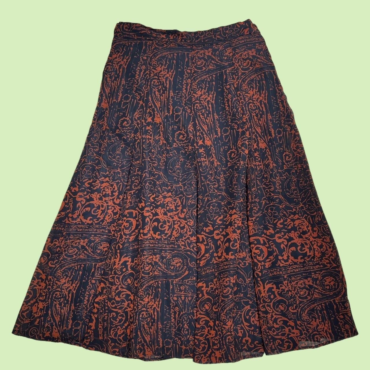 Vintage 80's Skirt Brown Navy Graphic Print Midi 12-14 Retro True Abstract
