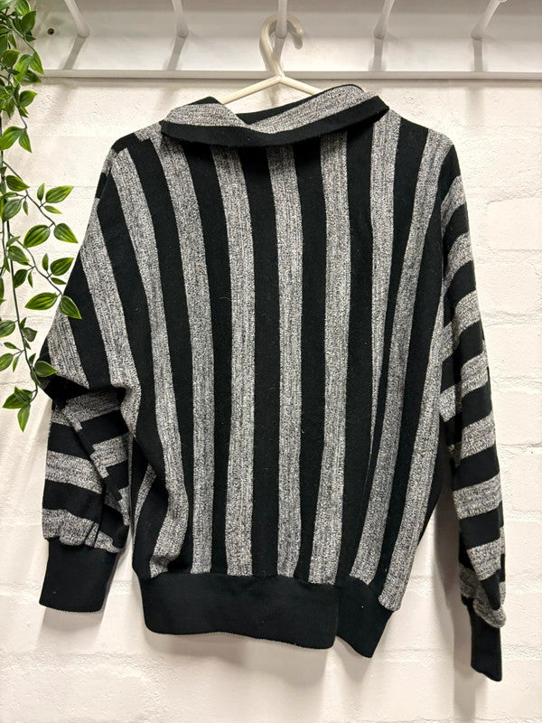 Vintage Stripy Jumper 80’s Original Retro 12 14 Roll Neck Black Grey