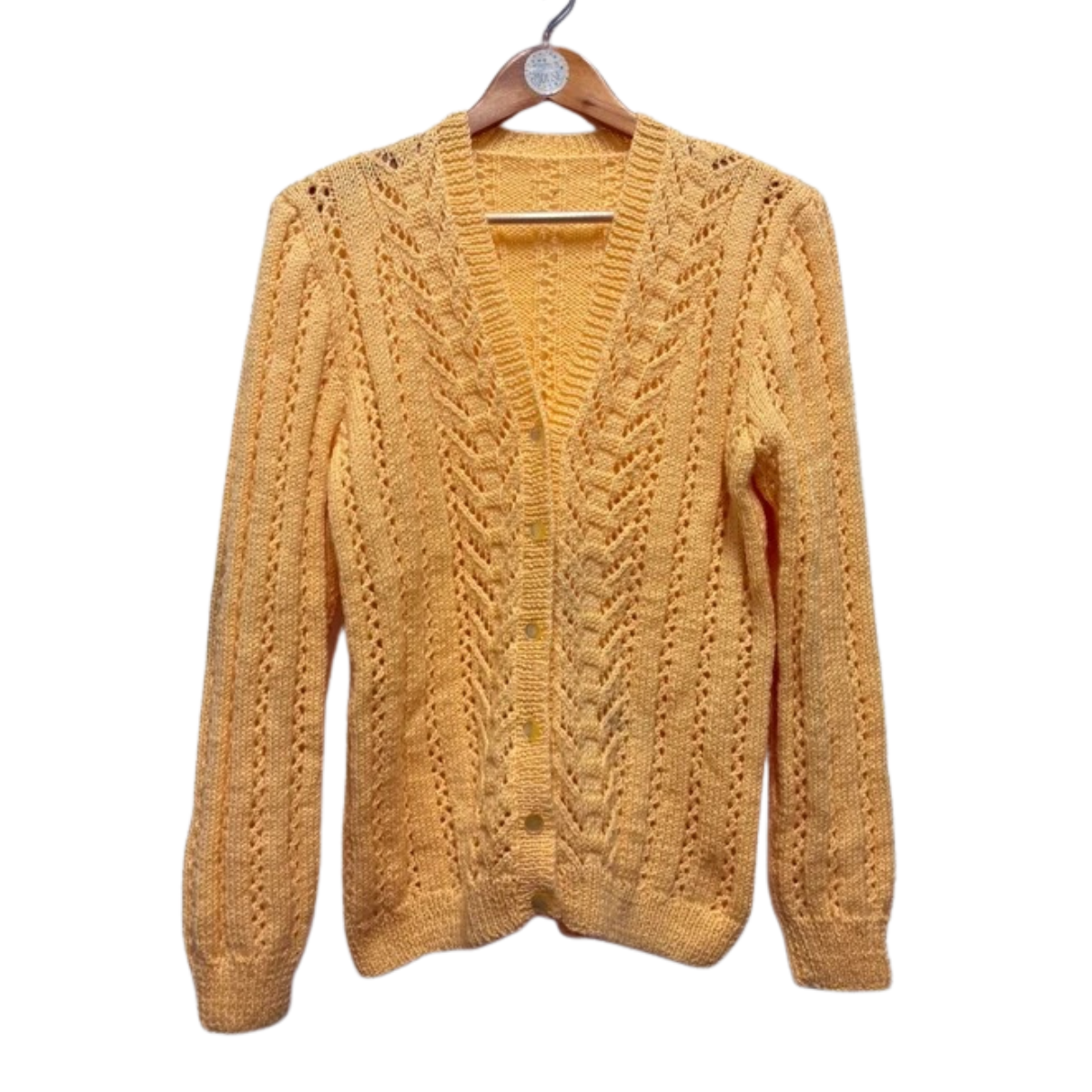 Vintage Yellow Cardigan L Hand Knit Cable Chunky Cosy