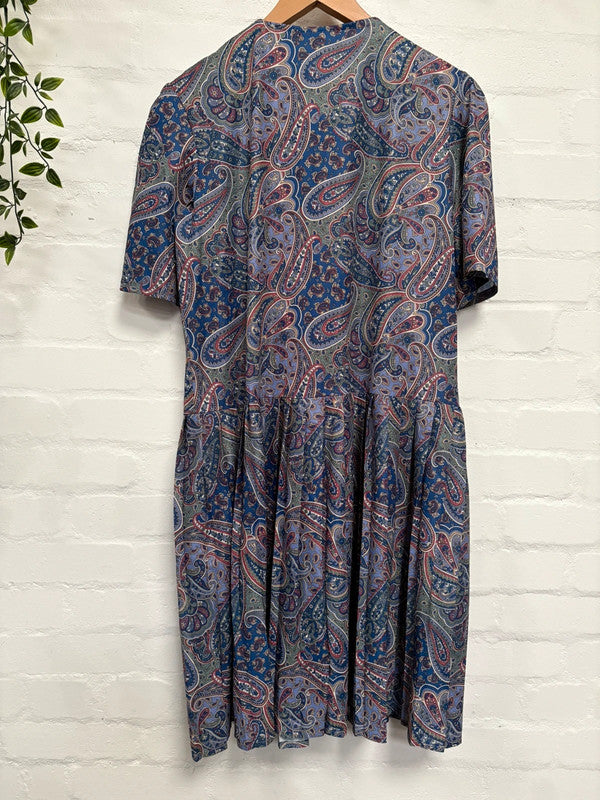 Vintage Dress 16 18 Purple Blue Paisley Pattern Shirt Midi Retro Dark Academia True