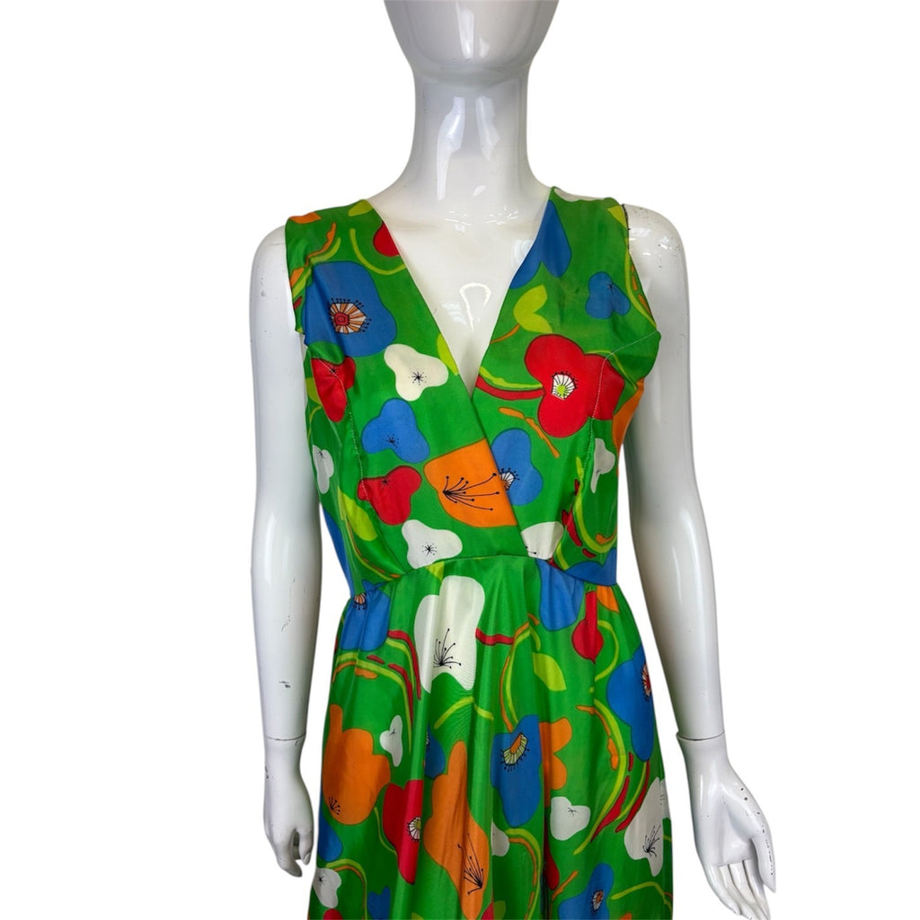 Vintage 60's 70's Midi Dress 8 Green Pear Print Groovy Psych Tropical Party