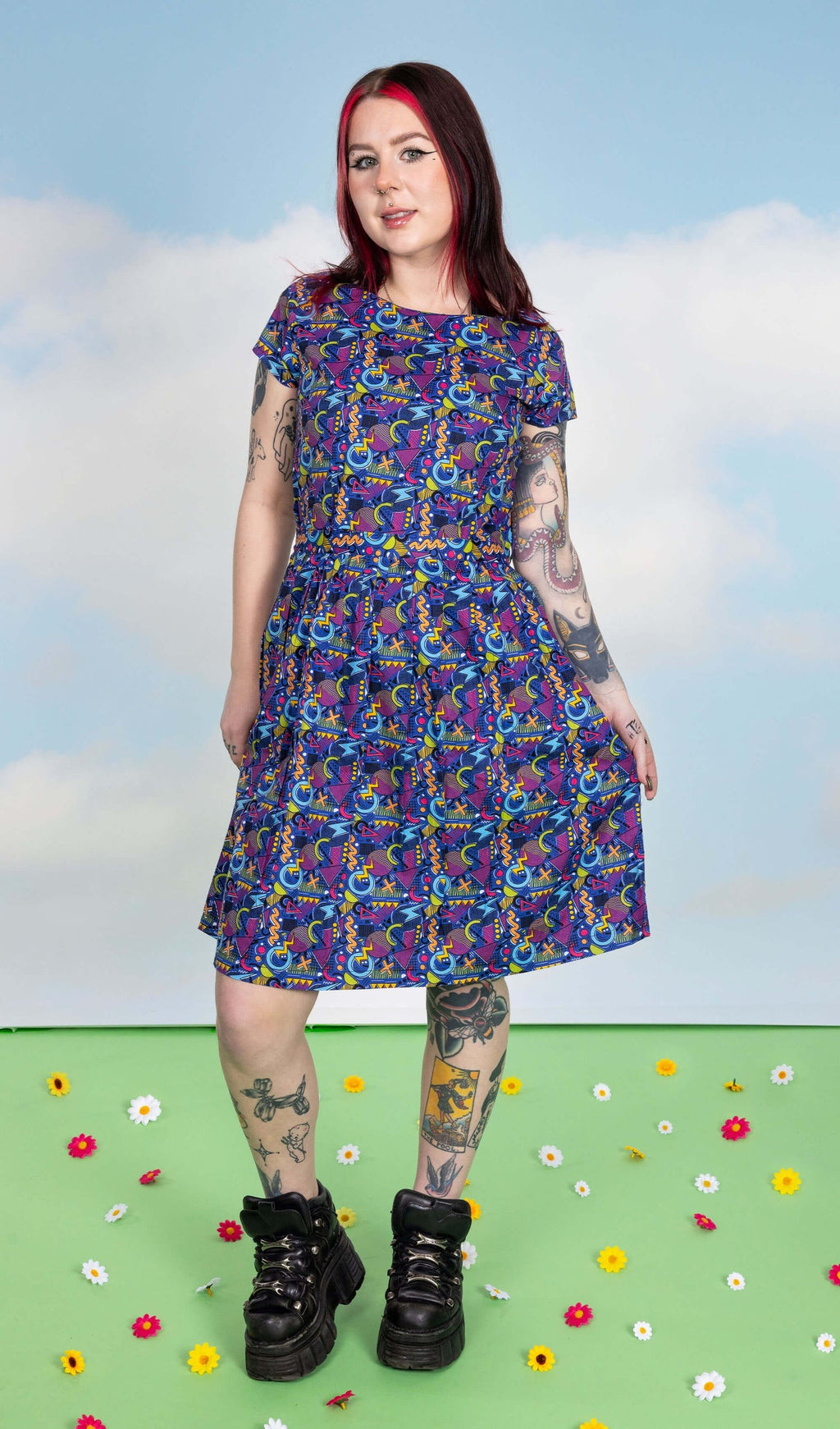 90's Arcade Print Cotton Tea Dress with Pockets by Run and Fly