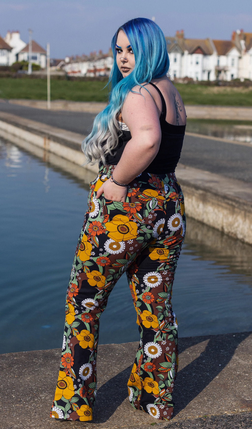 70's Black Floral High Waisted Bell Bottom Flares Jeans by Run and Fly