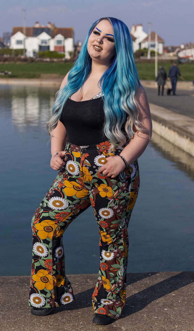 70's Black Floral High Waisted Bell Bottom Flares Jeans by Run and Fly