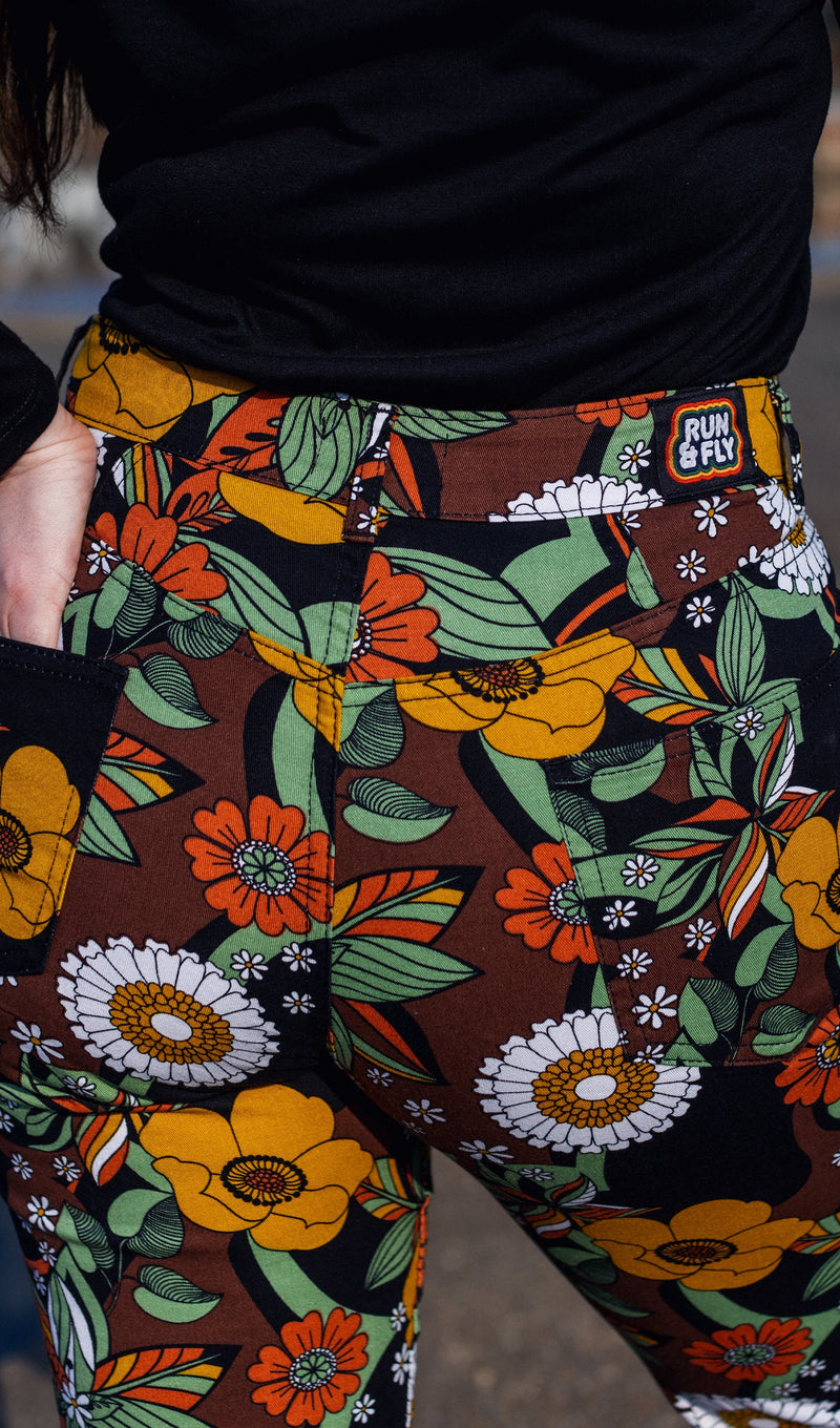 70's Black Floral High Waisted Bell Bottom Flares Jeans by Run and Fly
