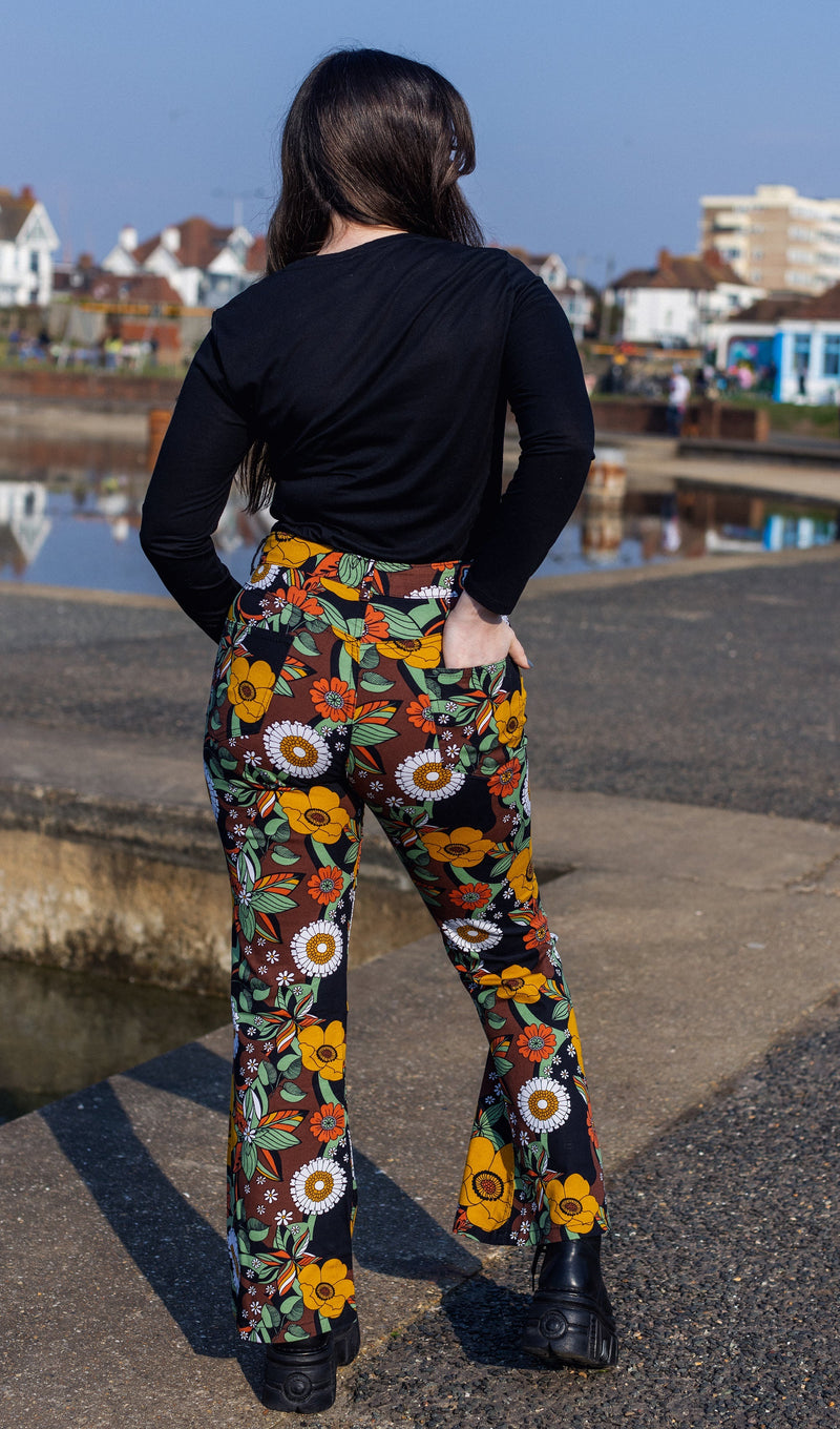 70's Black Floral High Waisted Bell Bottom Flares Jeans by Run and Fly