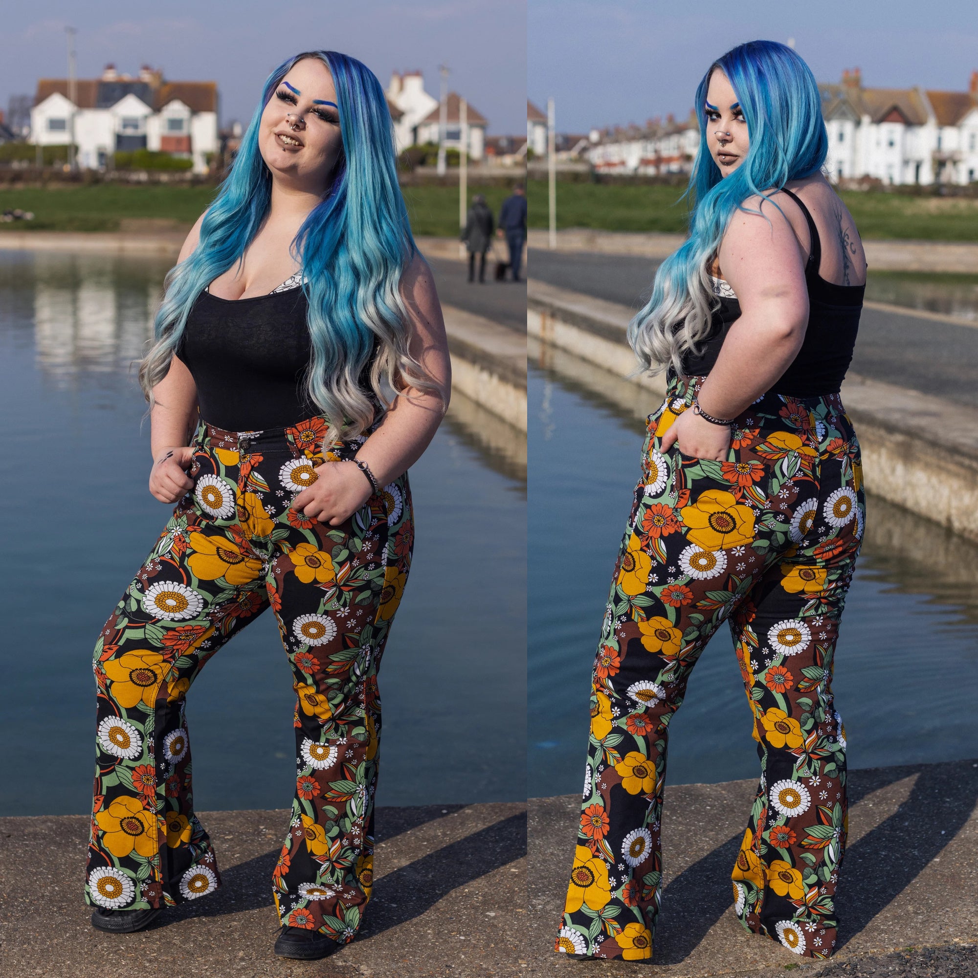 Run and Fly 70's Black Floral Stretch High Waisted Flares Jeans Bellbottoms  – Minimum Mouse
