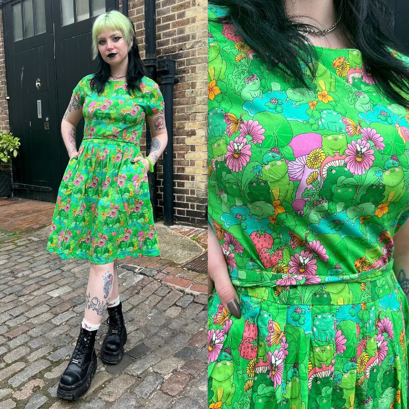 Frog Print Cotton Tea Dress with Pockets by Run and Fly x The Mushroom Babes