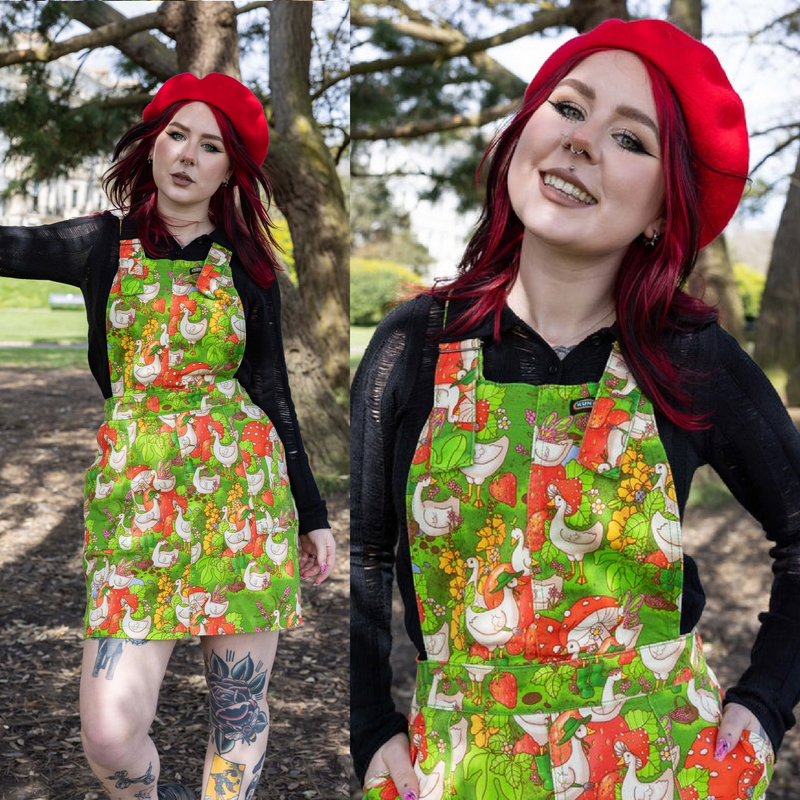 In The Geese Garden Print Dungaree Pinafore Dress by Run and Fly X The Mushroom Babes