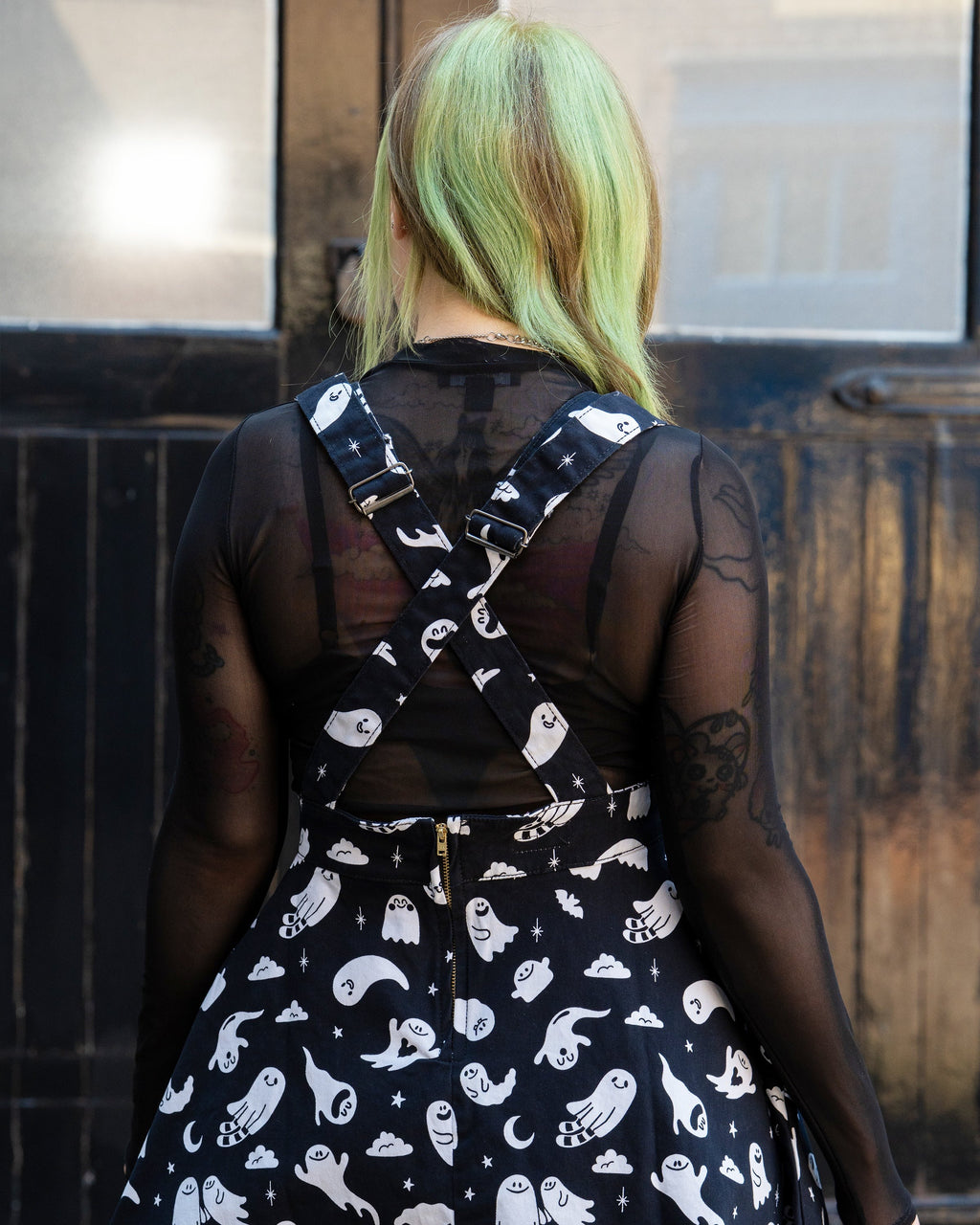 Ghosties Print Pinafore Dress with Pockets by Rebel Romance