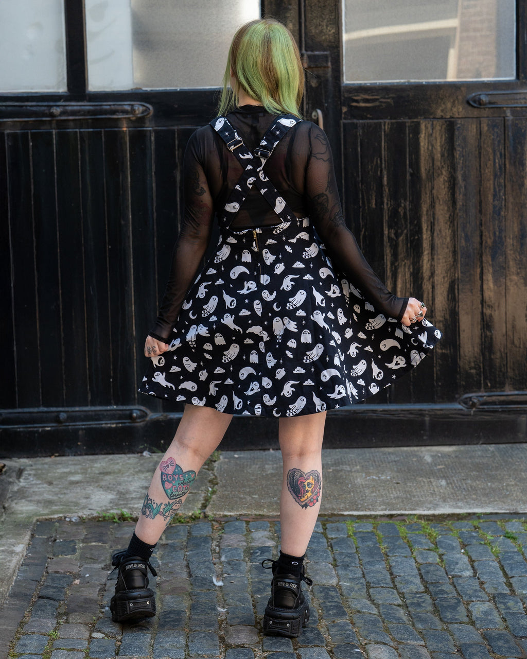 Ghosties Print Pinafore Dress with Pockets by Rebel Romance