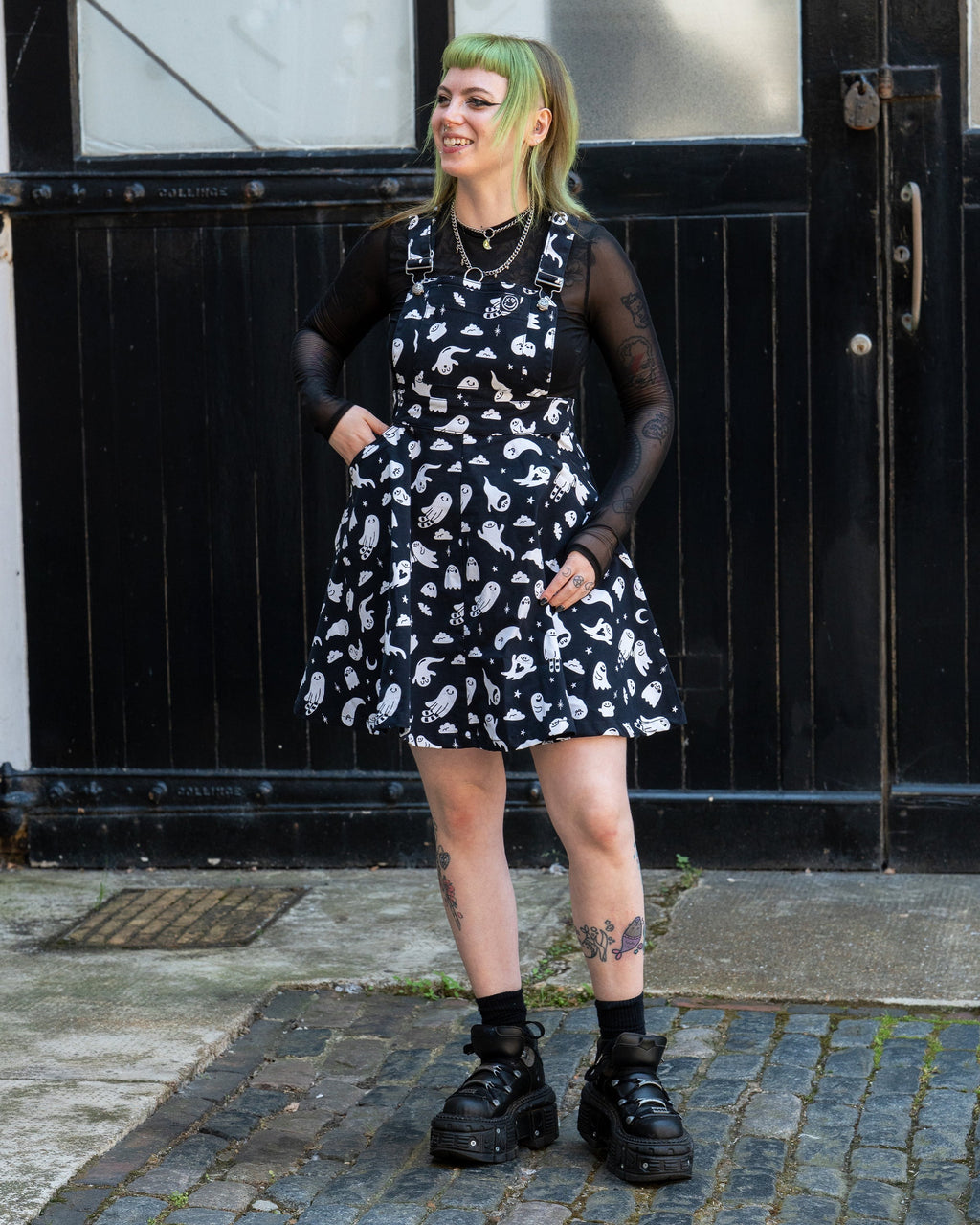 Ghosties Print Pinafore Dress with Pockets by Rebel Romance