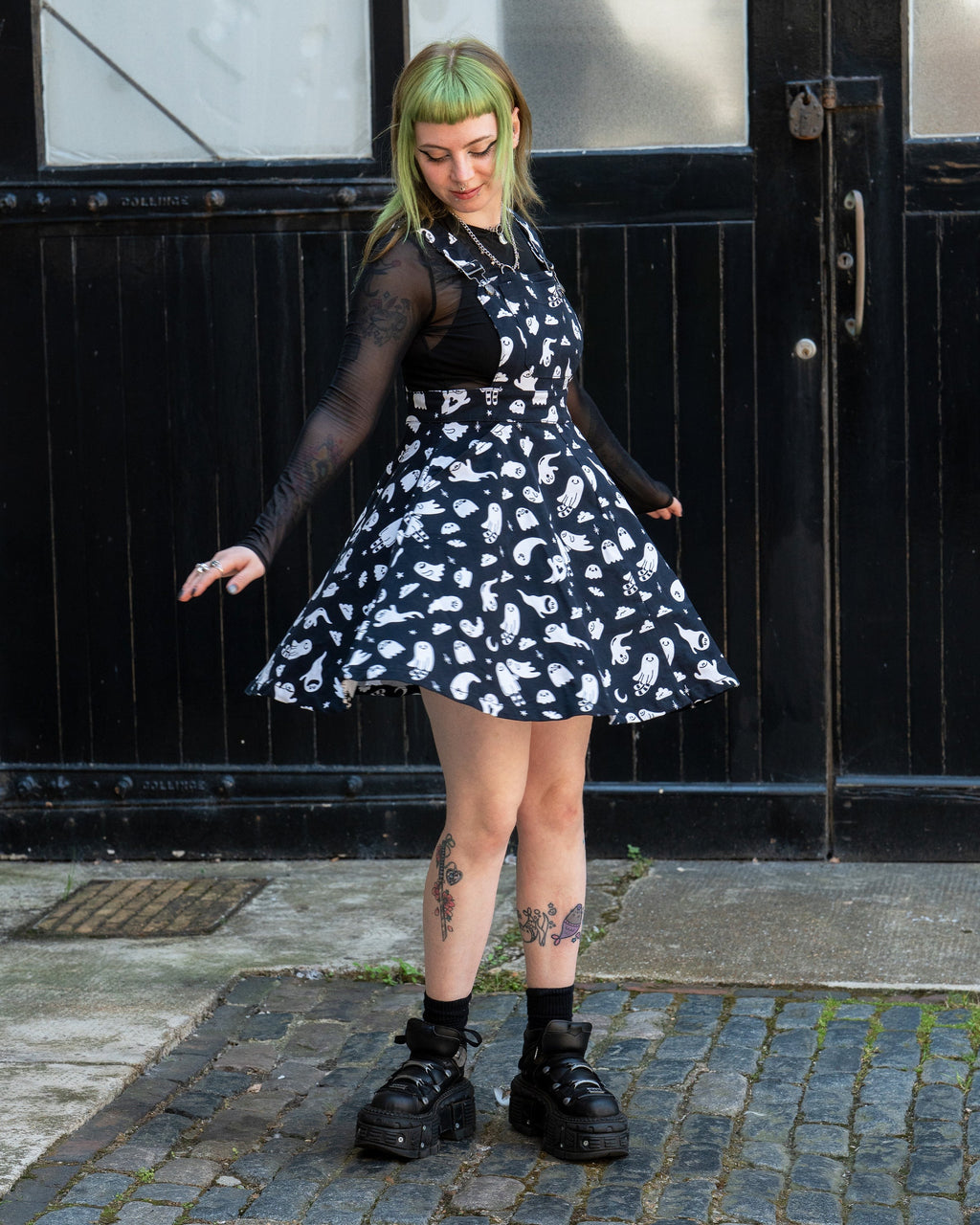 Ghosties Print Pinafore Dress with Pockets by Rebel Romance