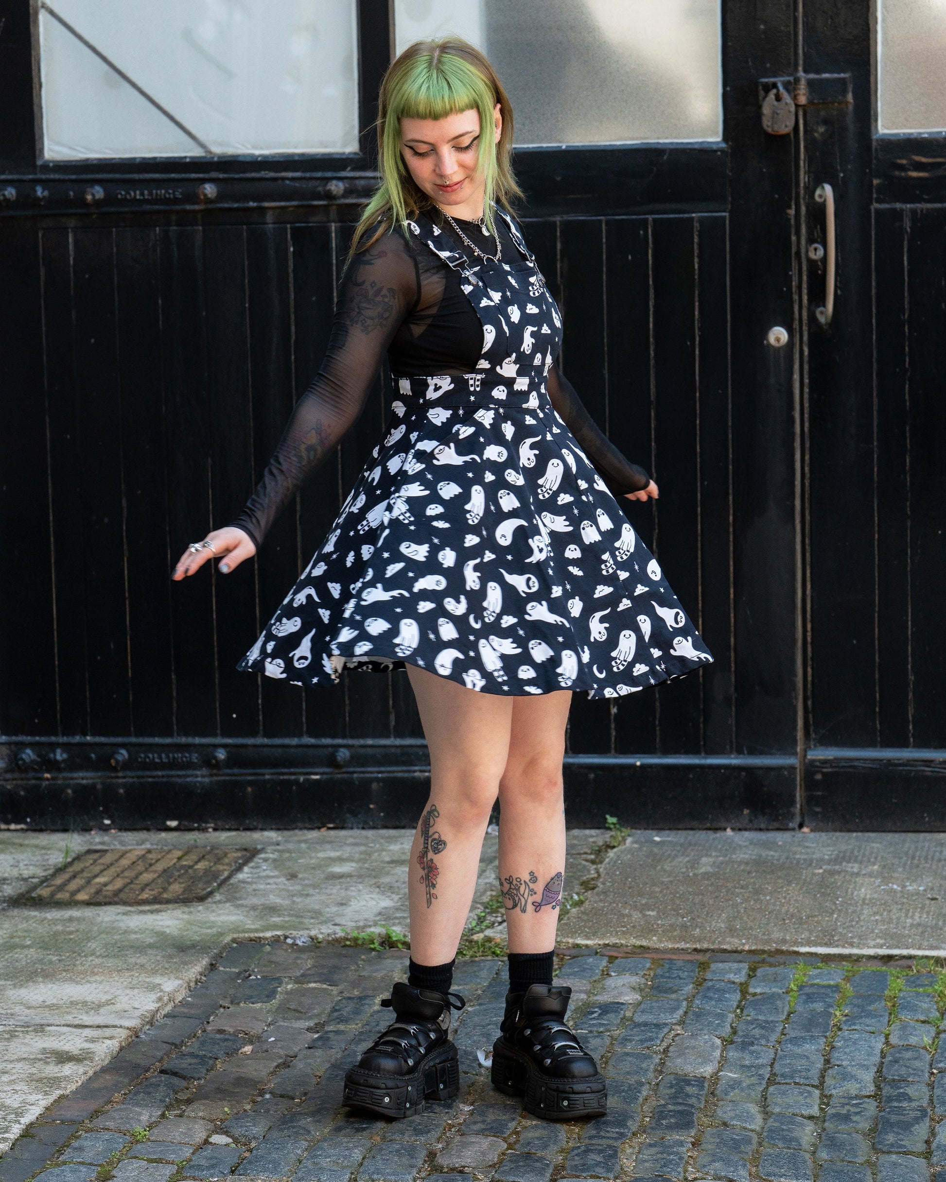 Ghosties Print Pinafore Dress with Pockets by Rebel Romance