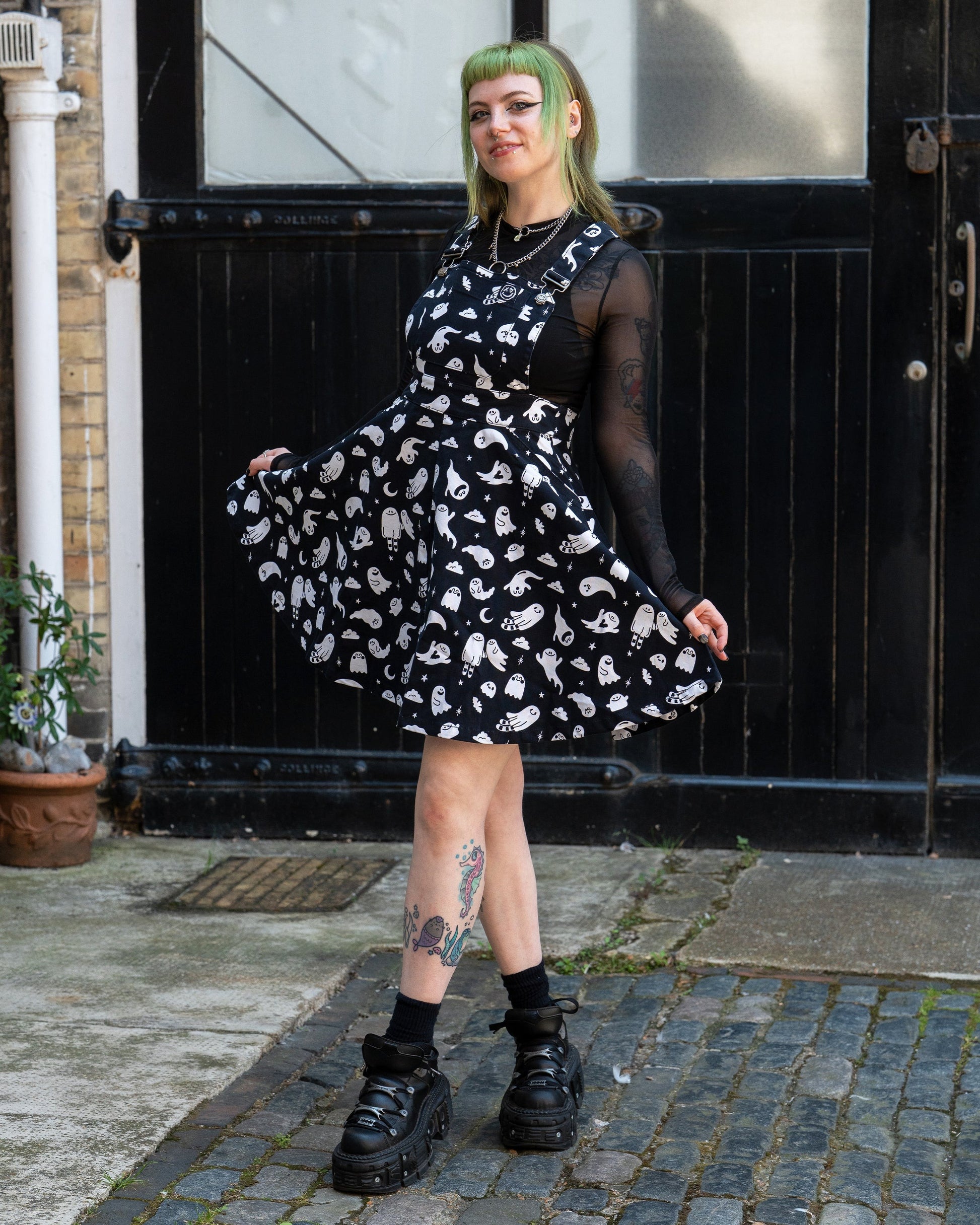 Ghosties Print Pinafore Dress with Pockets by Rebel Romance