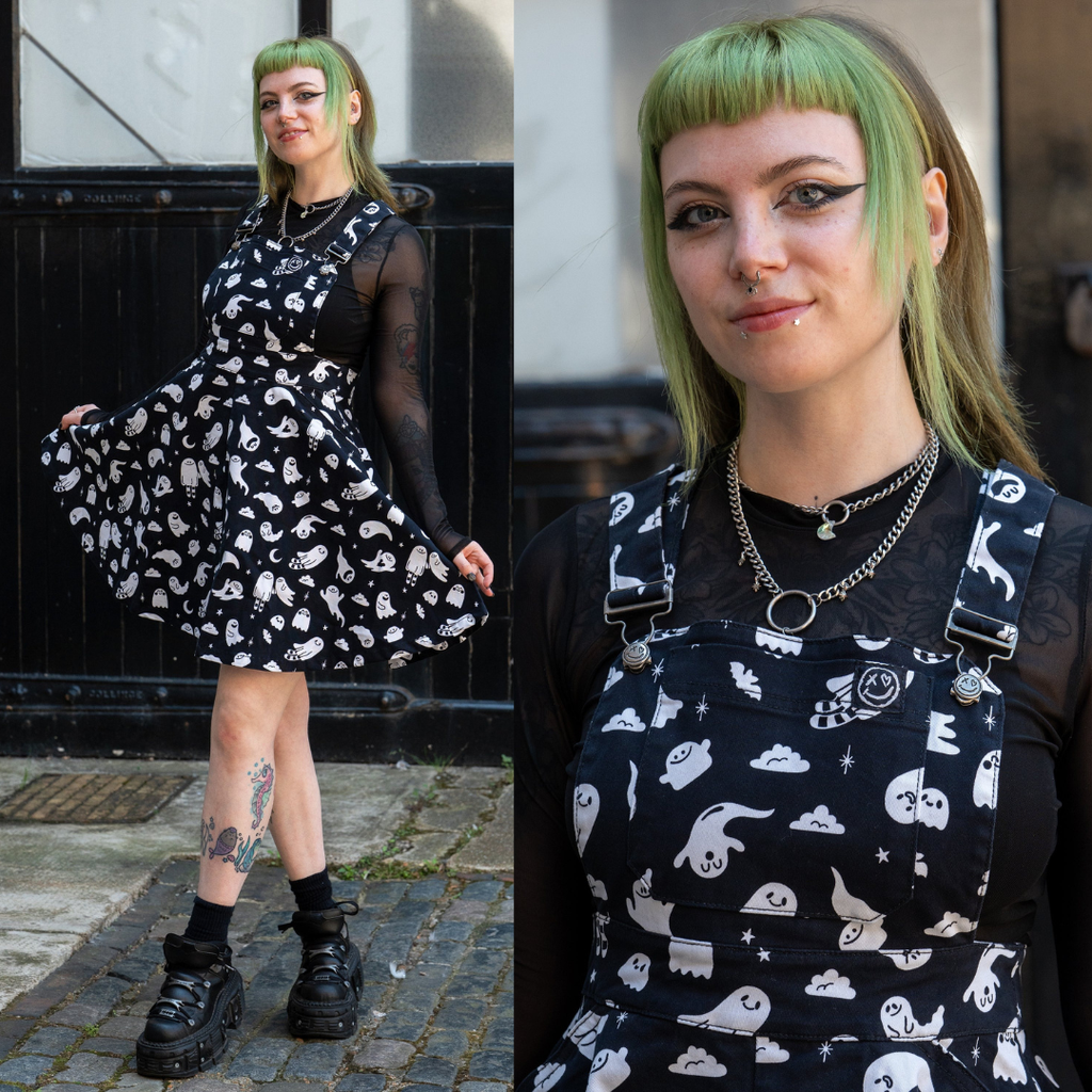 Ghosties Print Pinafore Dress with Pockets by Rebel Romance