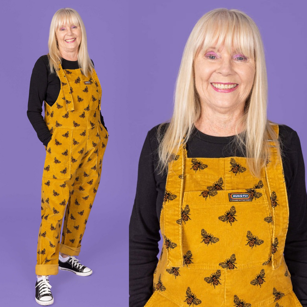 Gold Bee Print Stretch Corduroy Dungarees by Run and Fly