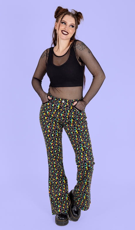 Grey Rainbow Leopard Print Bell Bottom Flares Jeans by Run and Fly