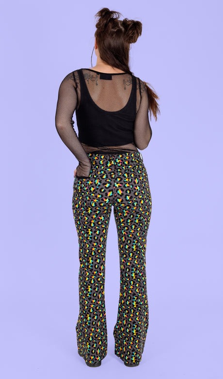 Grey Rainbow Leopard Print Bell Bottom Flares Jeans by Run and Fly