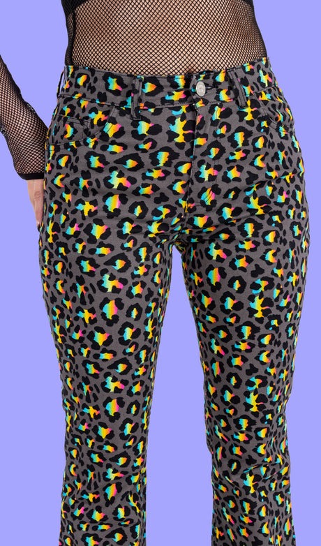 Grey Rainbow Leopard Print Bell Bottom Flares Jeans by Run and Fly
