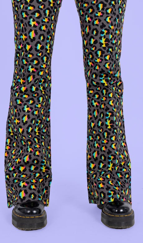 Grey Rainbow Leopard Print Bell Bottom Flares Jeans by Run and Fly