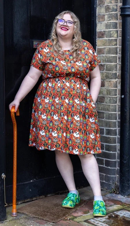 Halloween Frogs Print Cotton Tea Dress with Pockets by Run and Fly