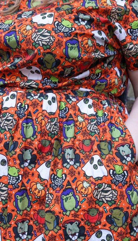 Halloween Frogs Print Cotton Tea Dress with Pockets by Run and Fly