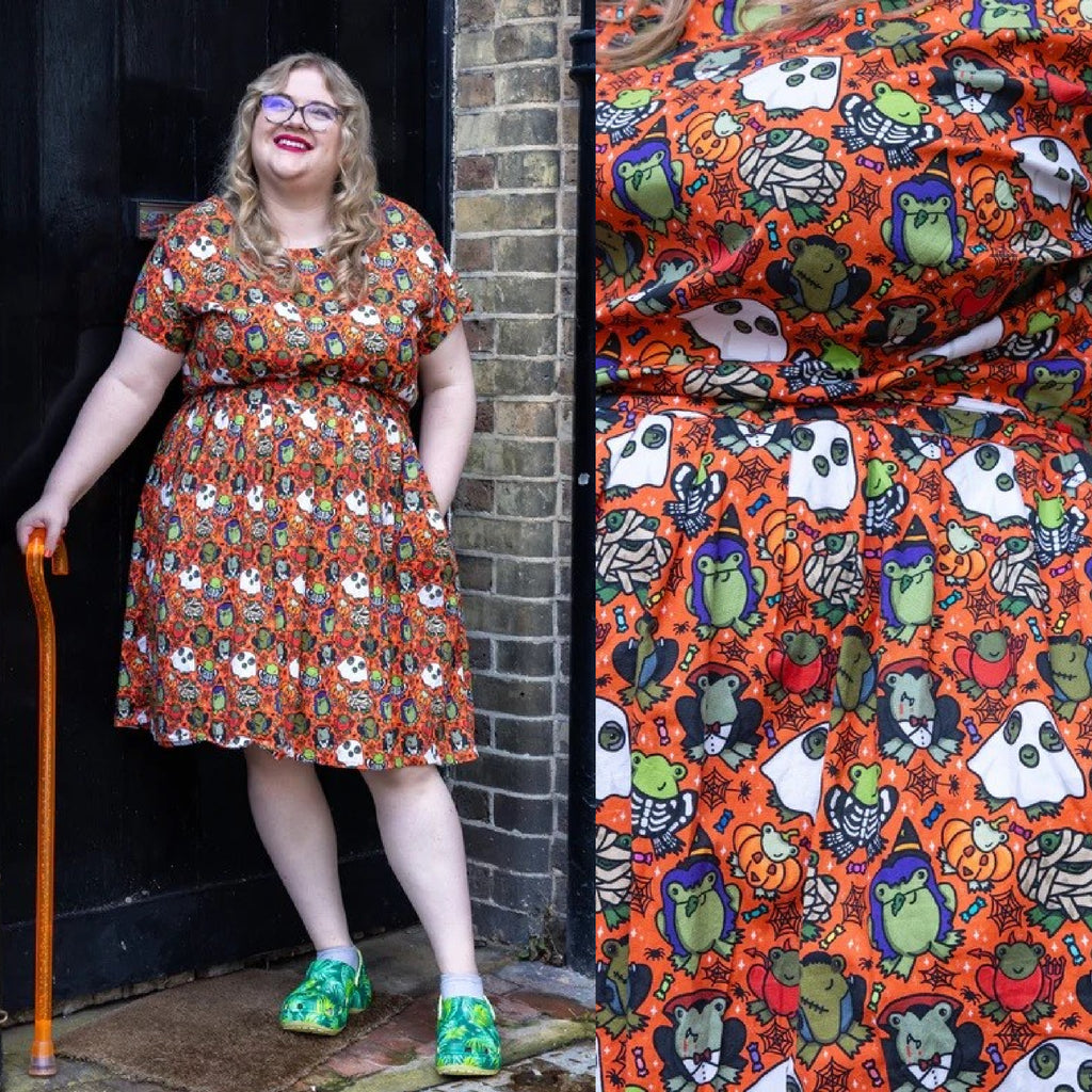Halloween Frogs Print Cotton Tea Dress with Pockets by Run and Fly