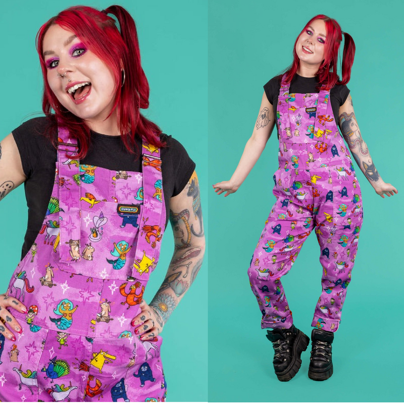 Run and Fly X Katie Abey Happiness Enchanters Print Stretch Twill Cotton Dungarees