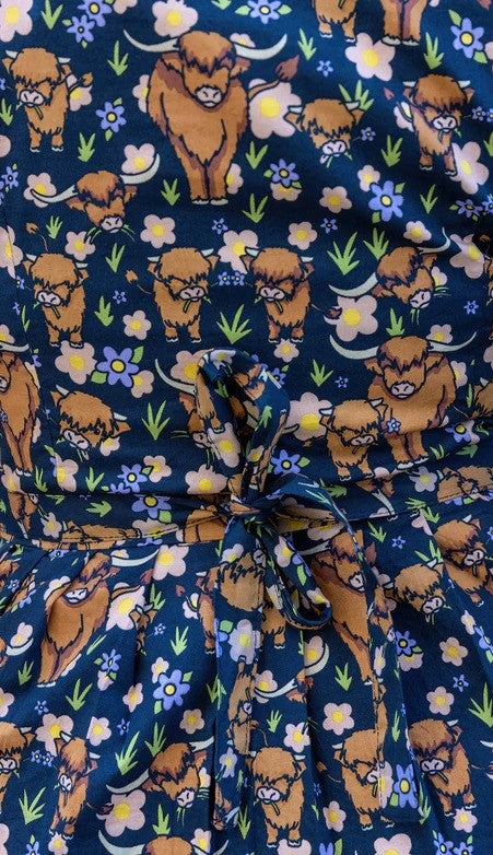 Highland Cow Print Cotton Tea Dress with Pockets by Run and Fly