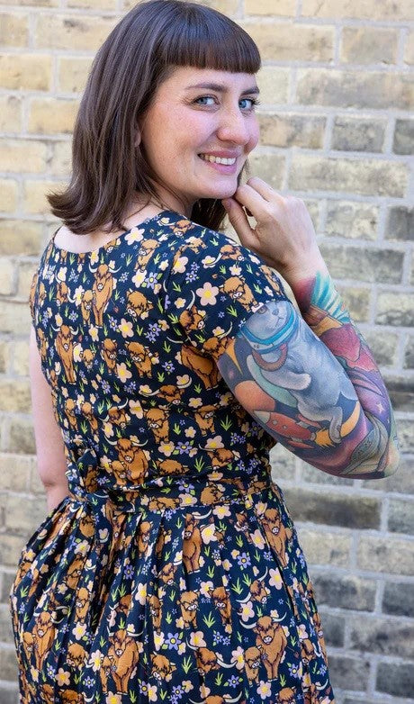 Highland Cow Print Cotton Tea Dress with Pockets by Run and Fly