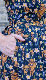 Highland Cow Print Cotton Tea Dress with Pockets by Run and Fly
