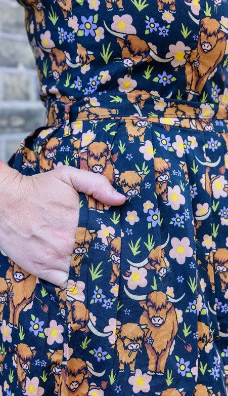 Highland Cow Print Cotton Tea Dress with Pockets by Run and Fly
