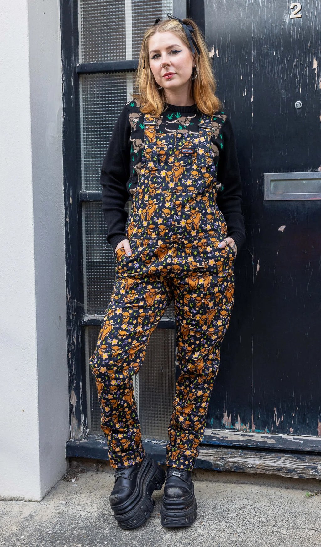 Highland Cow Print Stretch Twill Cotton Dungarees by Run and Fly