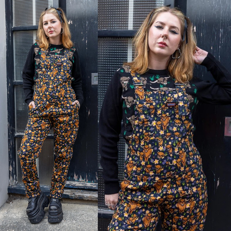 Highland Cow Print Stretch Twill Cotton Dungarees by Run and Fly