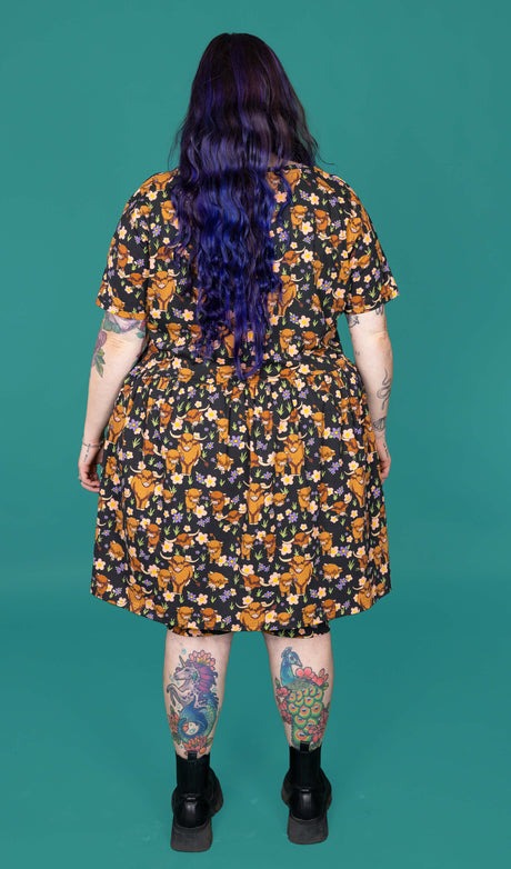 Highland Cow Print Smock Dress with Pockets by Run and Fly
